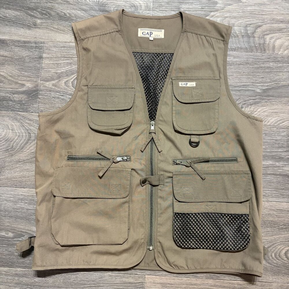 Mens Large Outdoor Utility Vest Multiple Pockets Hunting Fishing Khaki Cotton